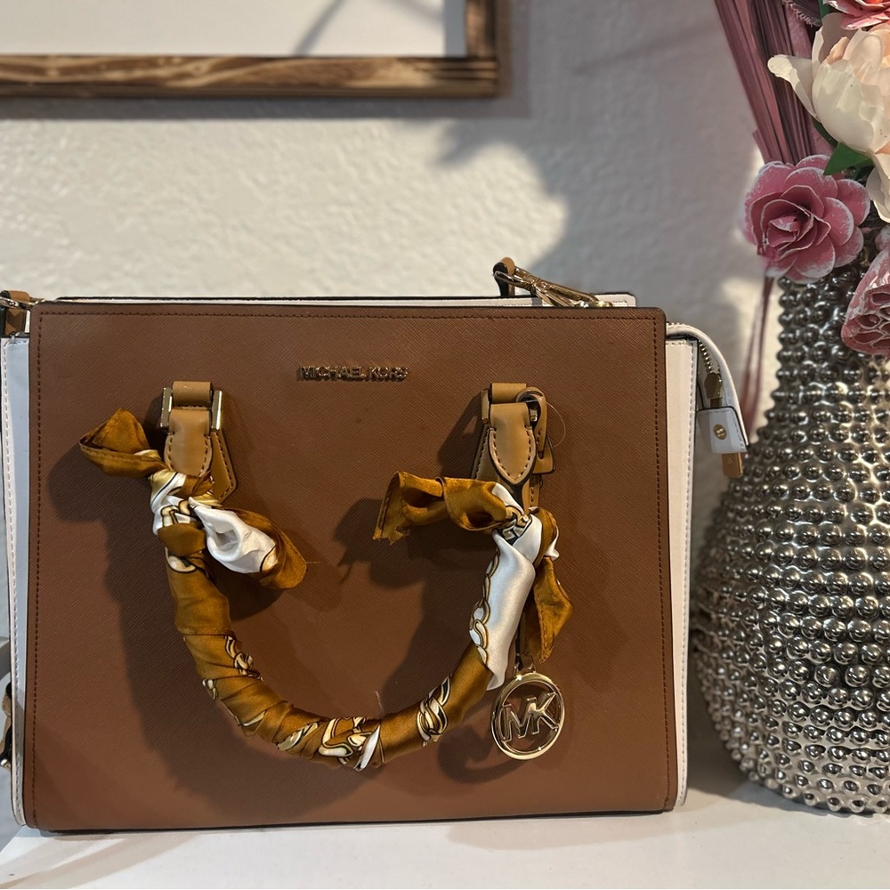 Michael Kors Tan and White Satchel with Gold Accents